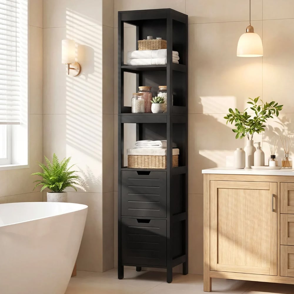 Smalt badeværelsesskab / højskab til badeværelse / skab med skuffer og åbne hylder – sort