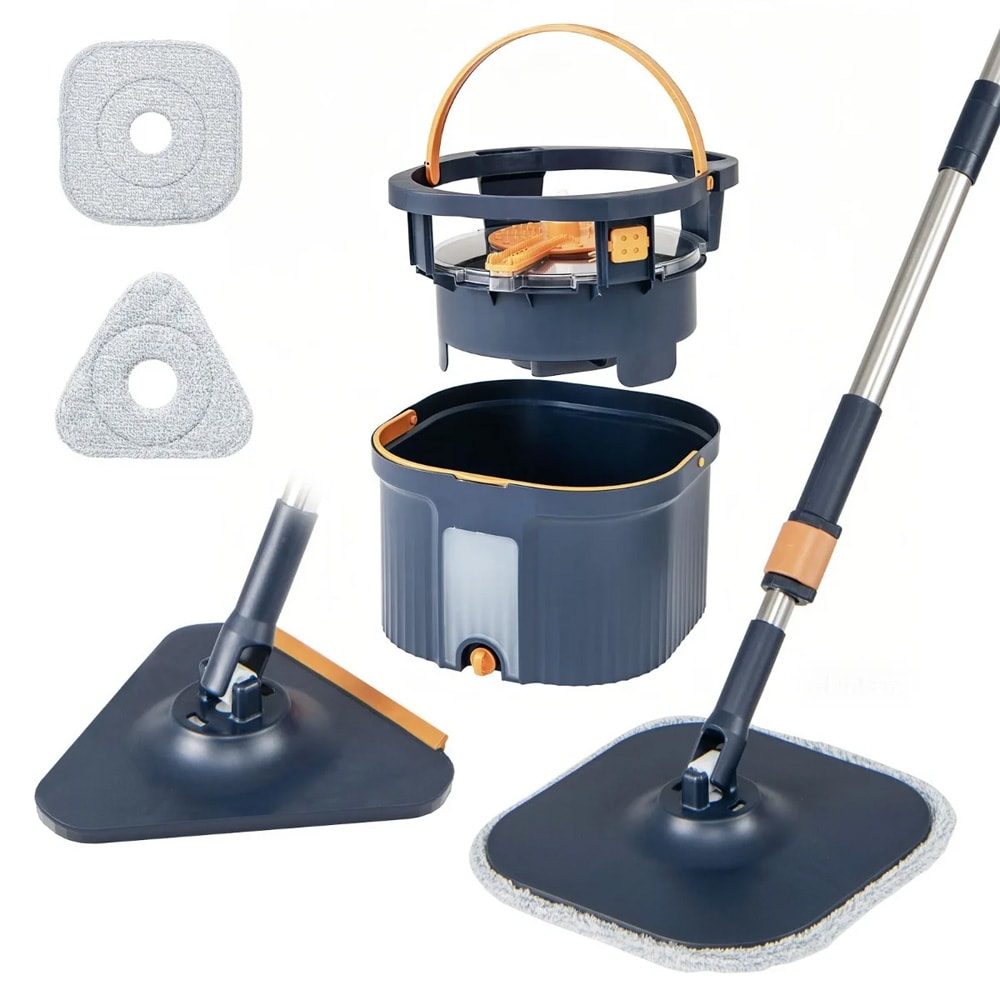 Moppe med spand / roterende moppesæt / gulvmoppe – blå