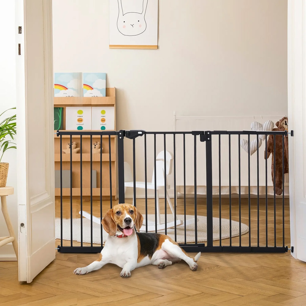 Sikkerhedslåge til kæledyr i metal / trappelåge uden boring / justerbar låge 74-147,5 cm - Svart