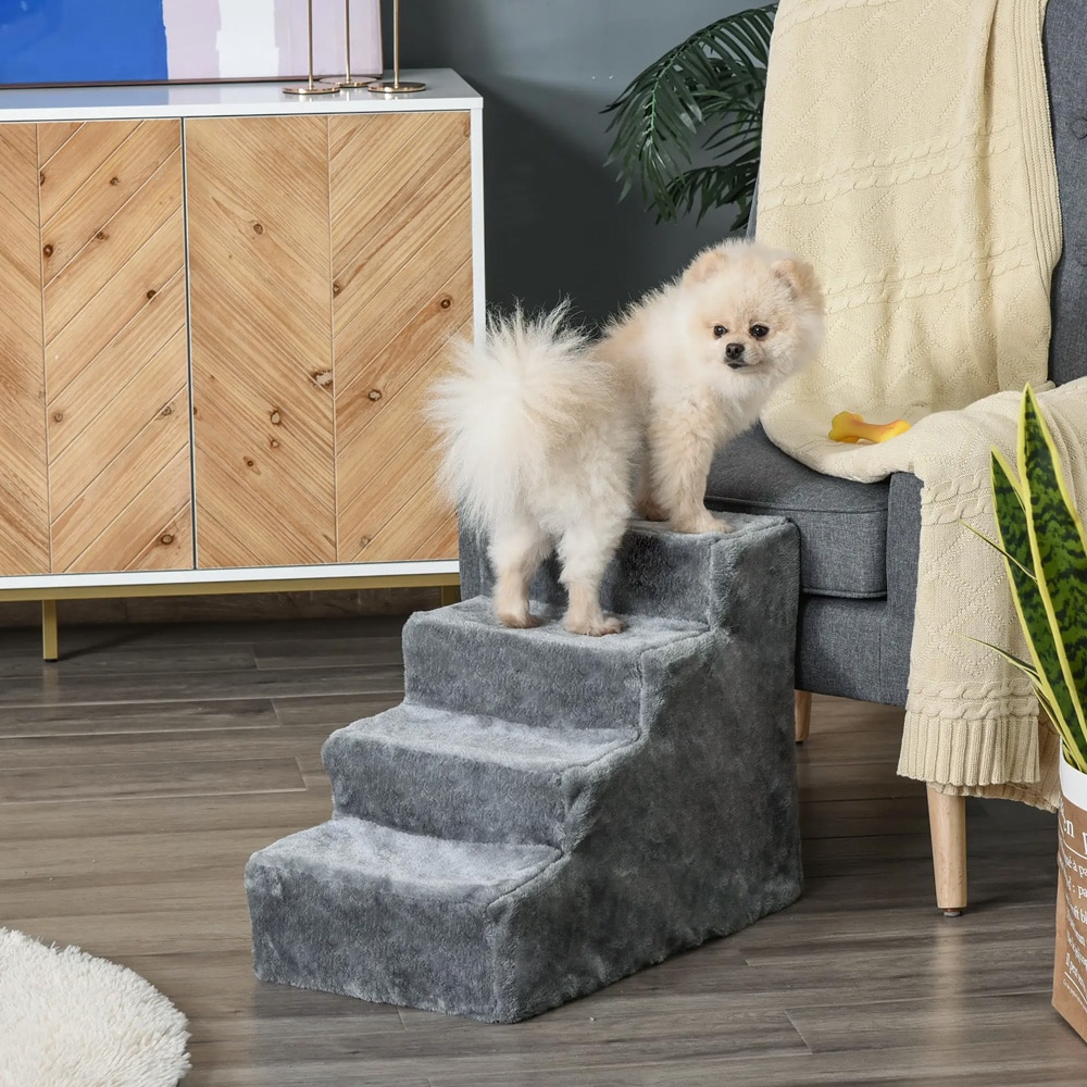 Hundetrappe med 4 trin / kæledyrstrappe til seng og sofa / trappe til små og ældre hunde - Lysegrå