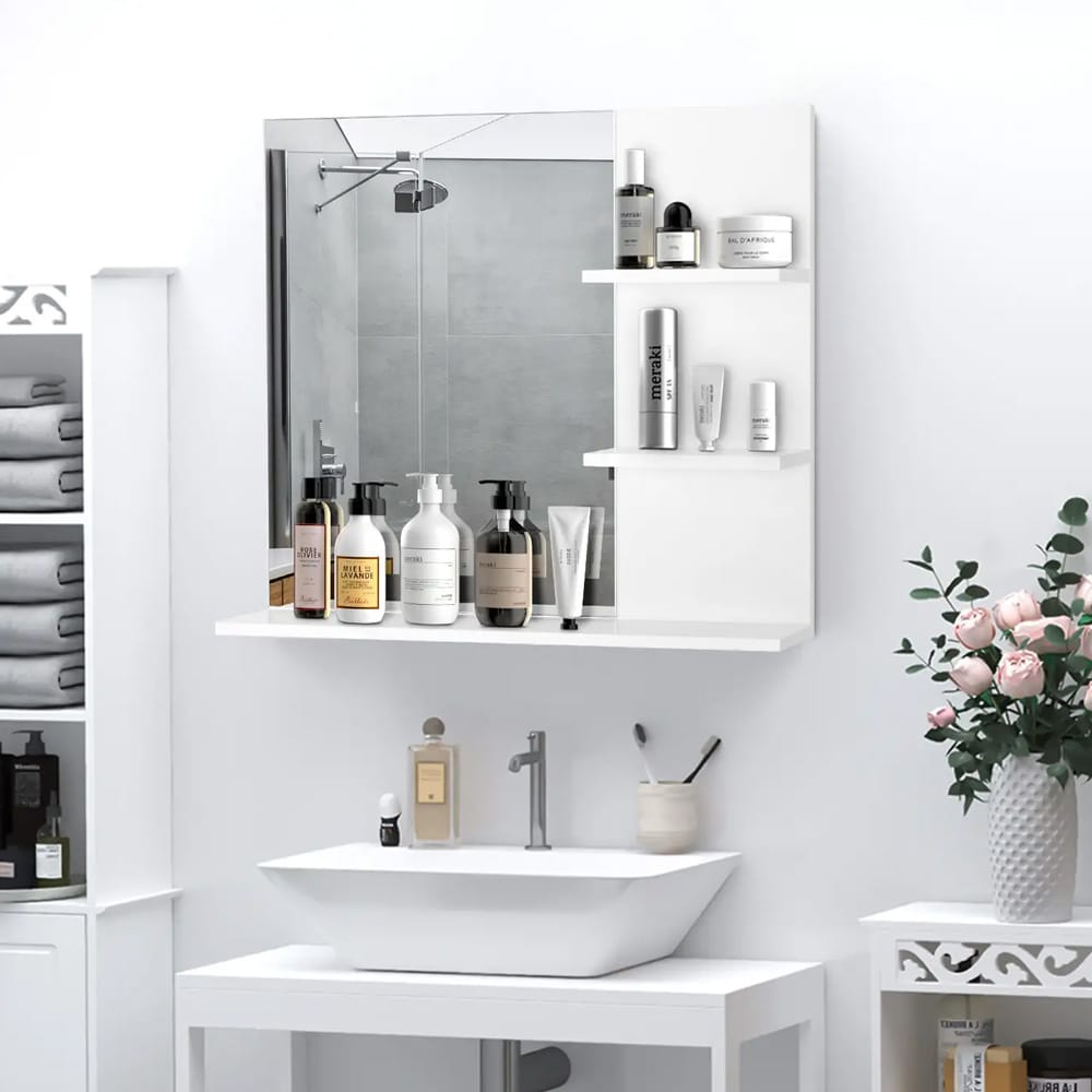 Badeværelsesspejl med hylder / vægmonteret spejl med opbevaring / spejlskab med 3 åbne hylder - Hvid