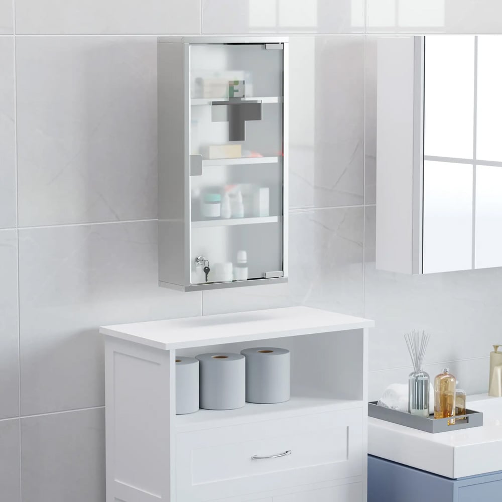 Medicinskab i rustfrit stål / aflåseligt badeværelsesskab / apoteksskab med dør i matteret glas