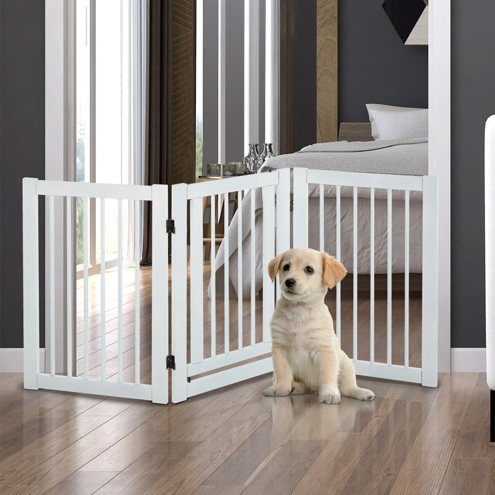 Justerbar låge til kæledyr / fritstående hundelåge med 3 paneler / sammenklappelig sikkerhedslåge / låge til dør og trappe - Hvid