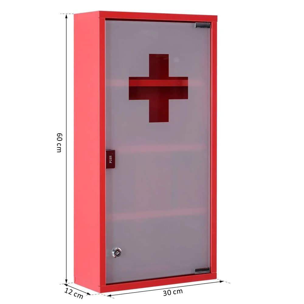 Låsbart medicinskab i stål 30x12x60 cm / vægskab med 4 hylder og låge i frostet glas / rødt badeværelsesskab