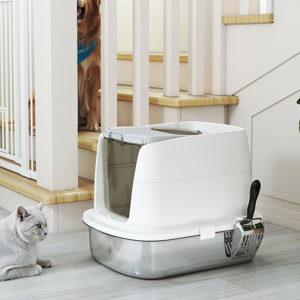 Lukket kattebakke i rustfrit stål / kattebakke med låg og indgang/udgang / hygiejnisk kattebakke med skovl