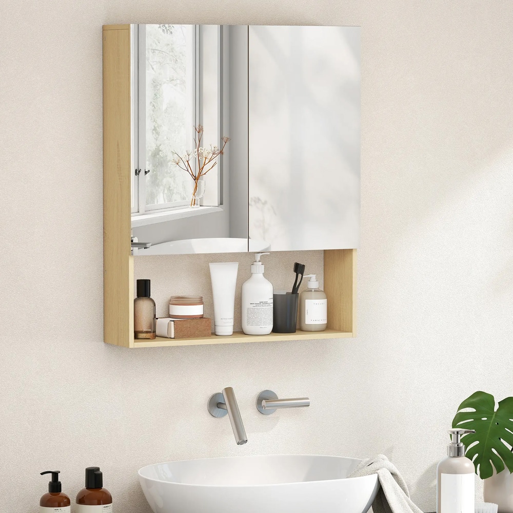 Spejlskab til badeværelse 75x60cm / væghængt badeværelsesskab med spejl / vægskab med justerbare hylder og spejldøre