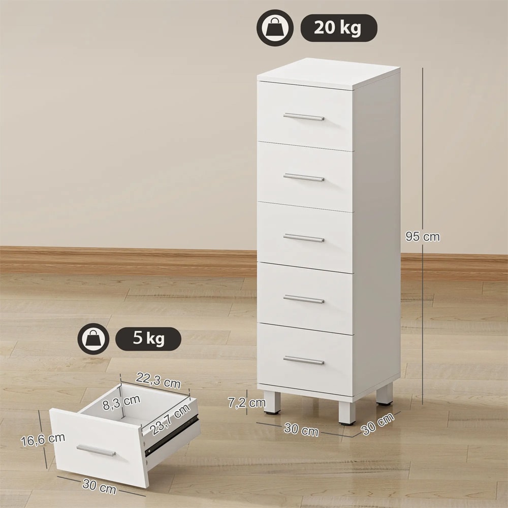 Smalt badeværelsesskab med 5 skuffer / hvid badeværelseskommode / kompakt opbevaringsskab 30×30×95cm