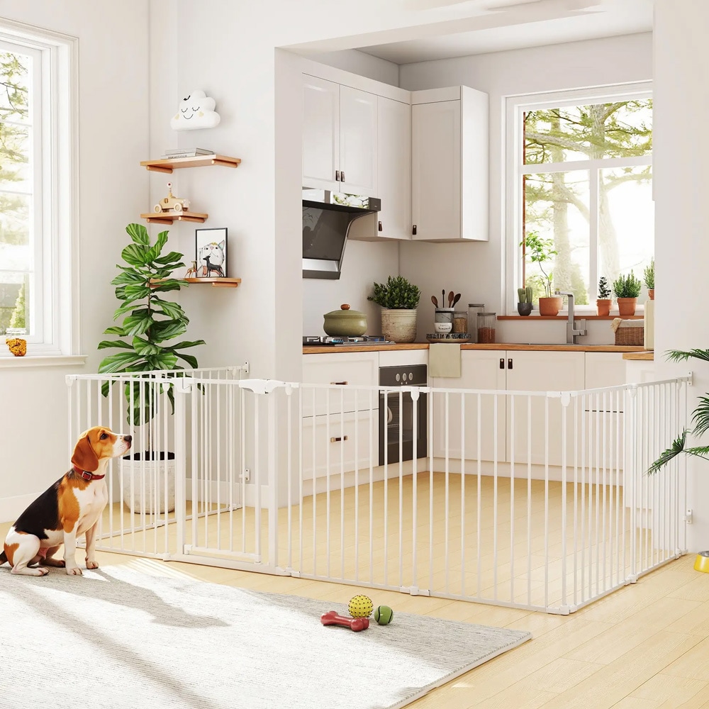 Kæledyrshegn 8 paneler hvid / hundelåge med dør / sammenklappeligt hundehegn til små og mellemstore hunde