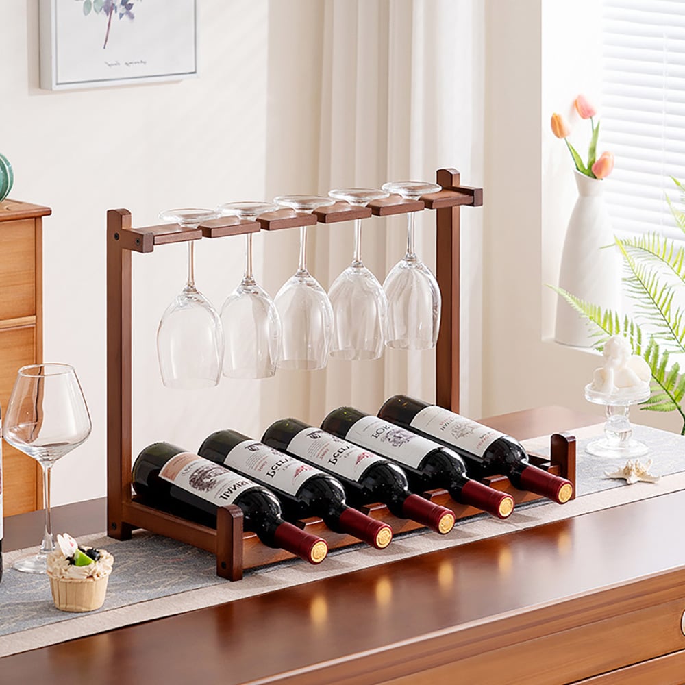 Bambusreol til vinflasker og -glas / vinreol med glasholder / vinopbevaring / flaskeholder