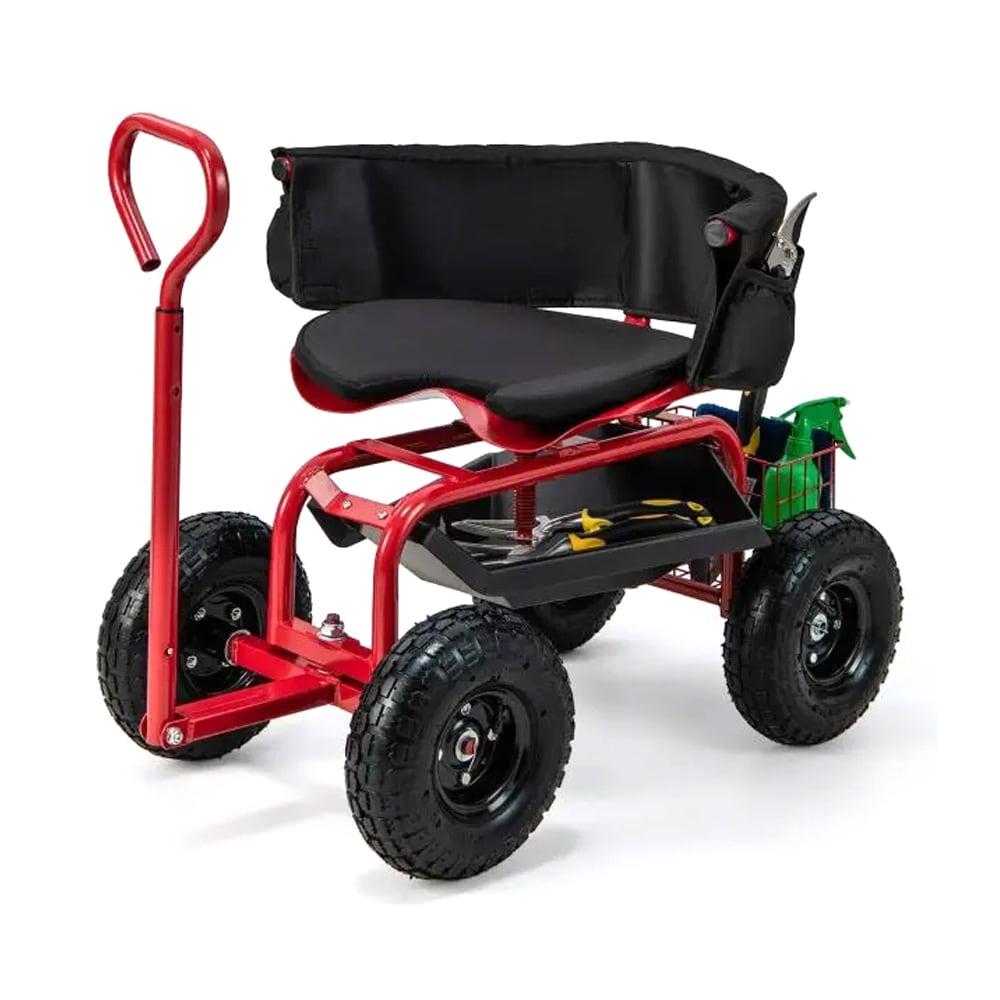 Havevogn med sæde - rullende havesæde / arbejdsvogn med opbevaring / haveskammel på hjul