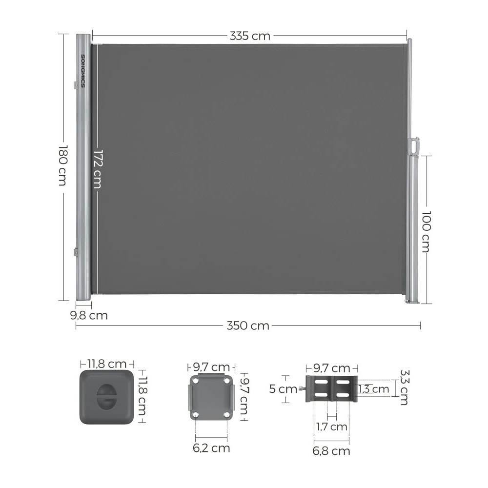 Udtrækkelig sidemarkise 180×300 cm / afskærmning til altan, terrasse og have – Grå