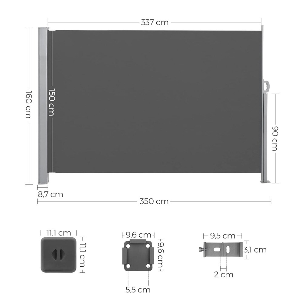 Udtrækkelig sidemarkise 160×350 cm / afskærmning til altan, terrasse og have – Grå