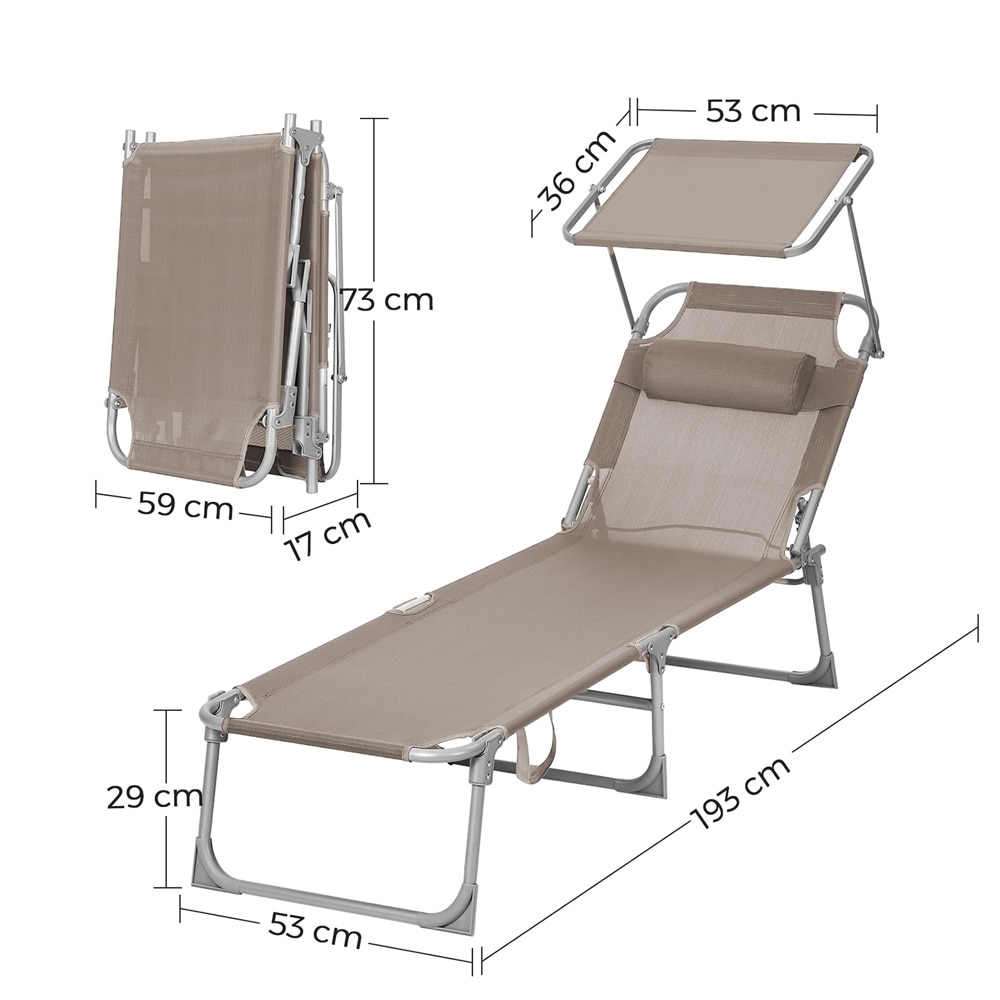 Solseng med solskærm / sammenklappelig strandseng / justerbar strandliggestol 193 x 55 cm