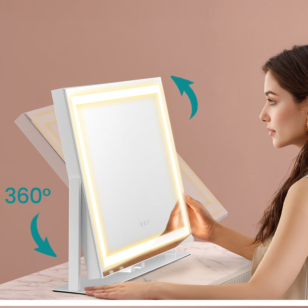Makeupspejl med LED-lys 58×43 cm / bordspejl med USB-porte og mobilholder – Hvid