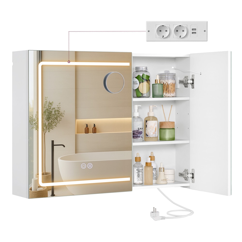 Spejlskab 80×16,5×60 cm / vægskab med LED-lys / badeværelsesskab med stikkontakt og hylder – Hvid