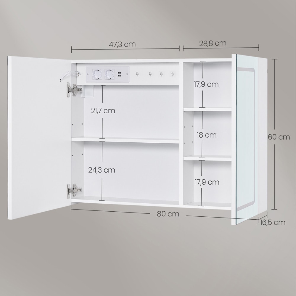 Spejlskab 80×16,5×60 cm / vægskab med LED-lys / badeværelsesskab med stikkontakt og hylder – Hvid