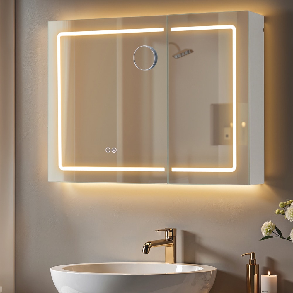 Spejlskab med LED og indbygget stikkontakt - Hvid / badeværelsesskab med spejl og belysning