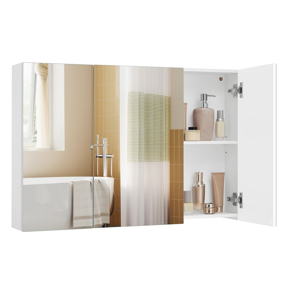 Badeværelsesskab med spejl 90x60 cm / spejlskab med 3 døre / vægskab til badeværelse / hvidt opbevaringsskab