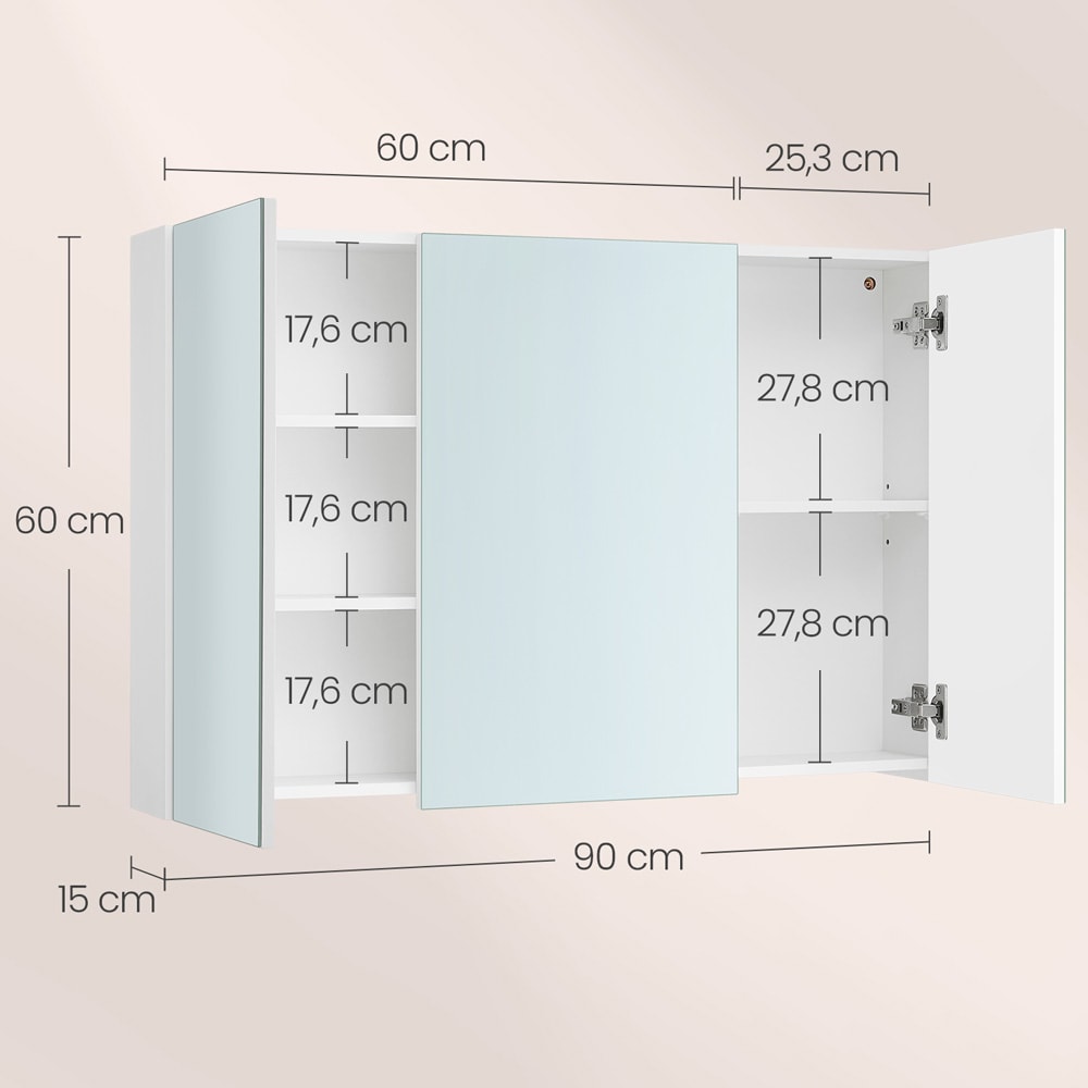Badeværelsesskab med spejl 90x60 cm / spejlskab med 3 døre / vægskab til badeværelse / hvidt opbevaringsskab