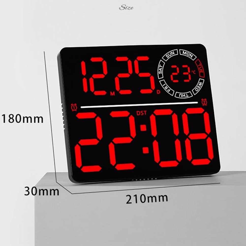 Digitalt vægur med RGB LED / stort LED-ur med dobbelt alarm, temperatur og timer – Sort