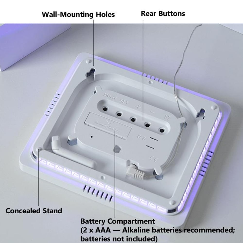 Digitalt vægur med RGB LED / stort LED-ur med dobbelt alarm, temperatur og timer – Sort