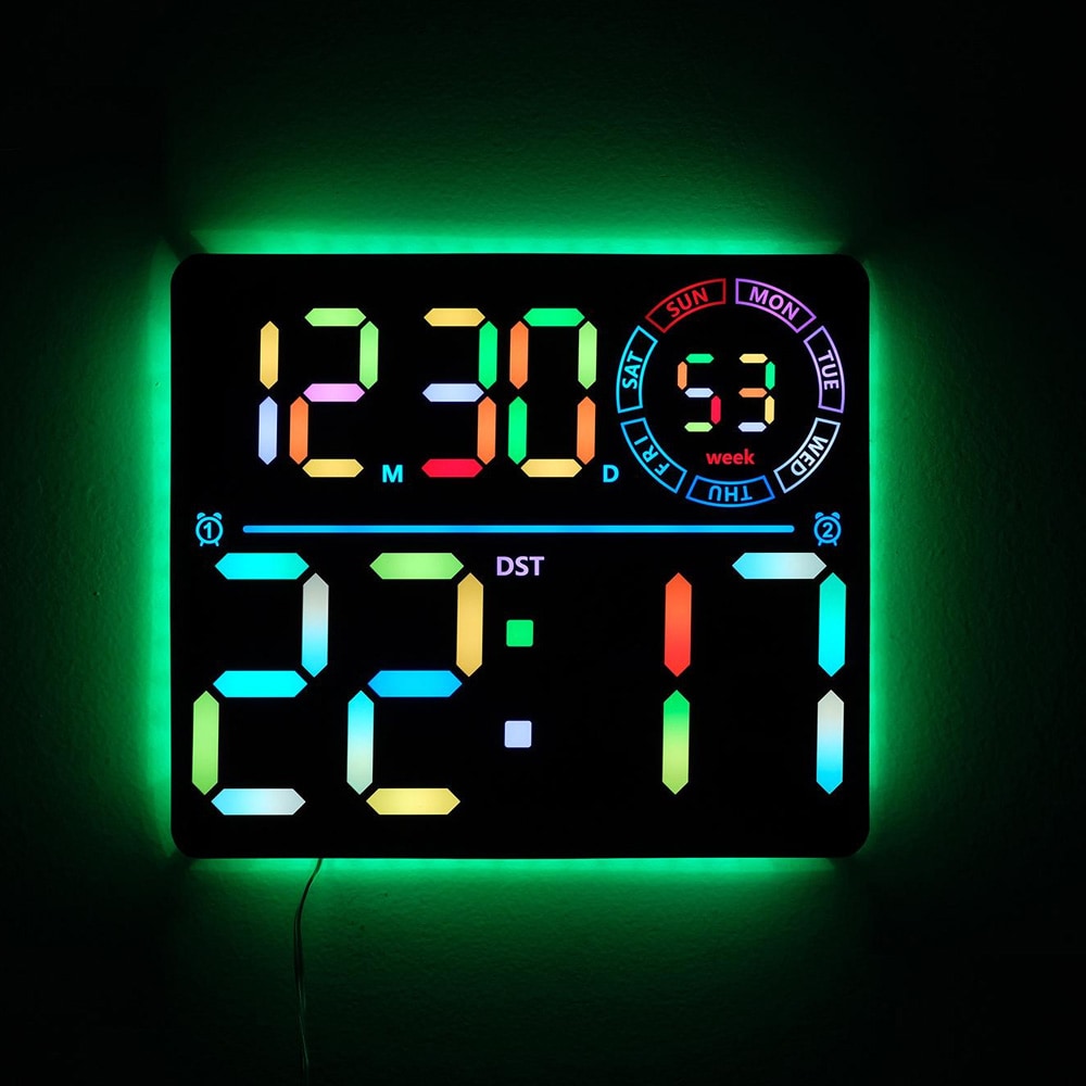 Digitalt vægur med RGB LED / stort LED-ur med dobbelt alarm, temperatur og timer – Sort