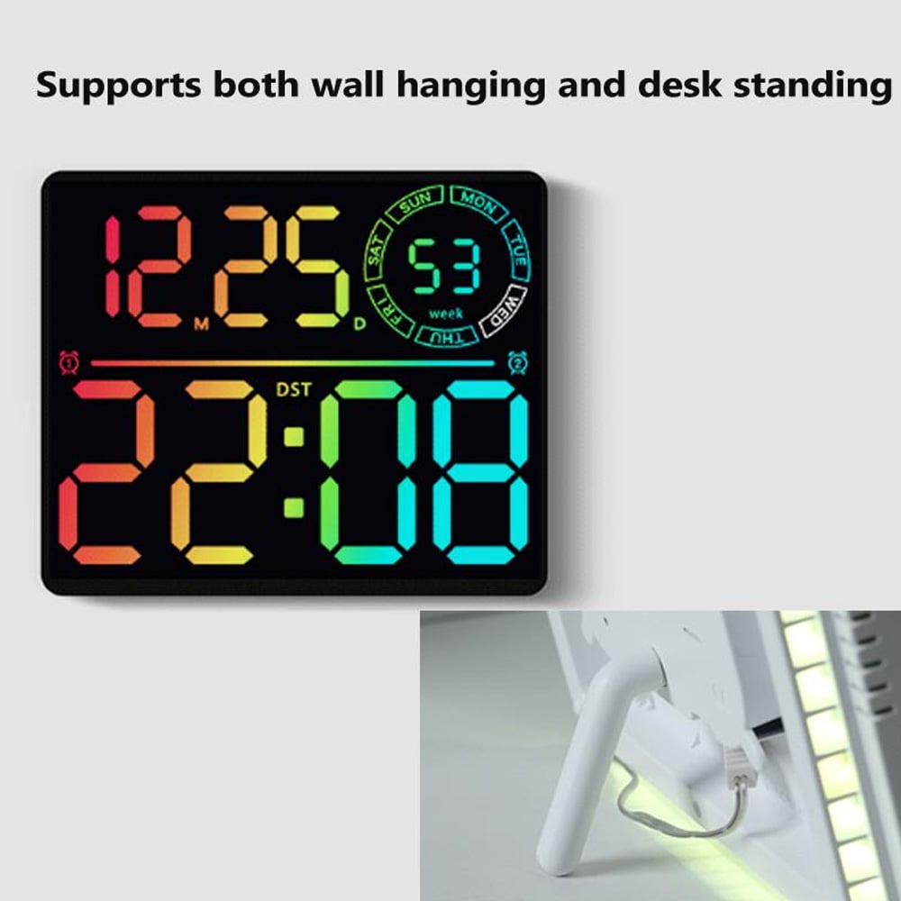 Digitalt vægur med RGB LED / stort LED-ur med dobbelt alarm, temperatur og timer – Hvid