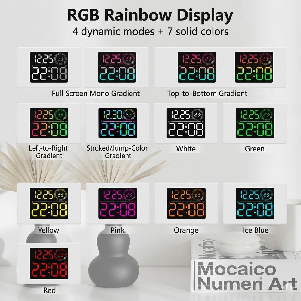 Digitalt vægur med RGB LED / stort LED-ur med dobbelt alarm, temperatur og timer – Hvid
