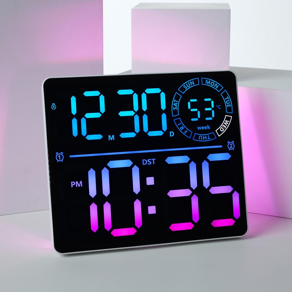 Digitalt vægur med RGB LED / stort LED-ur med dobbelt alarm, temperatur og timer – Hvid