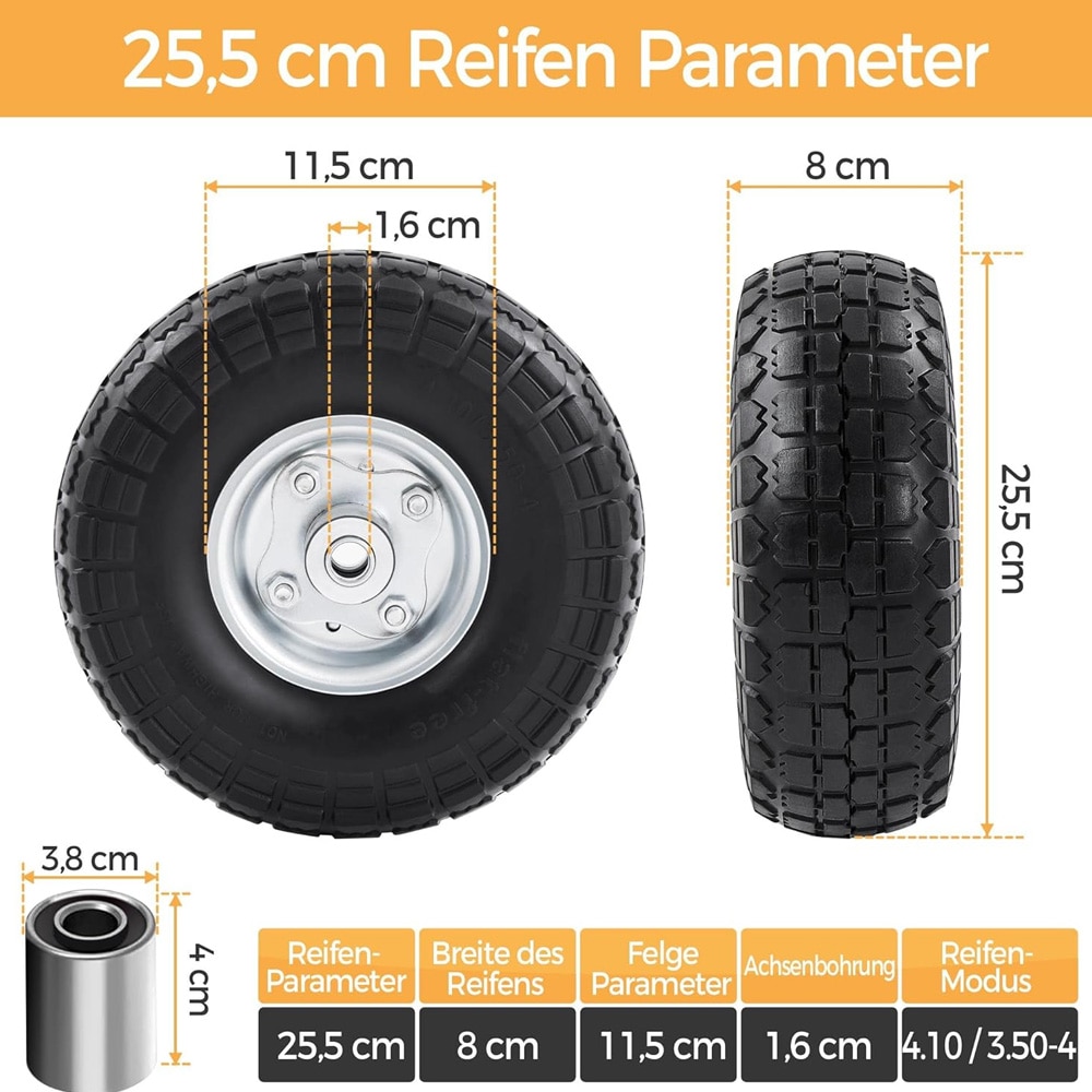 Punkterfrie hjul 4 stk. / PU-hjul til trillebør og transportvogn 255×80 mm – 16 mm akselhul