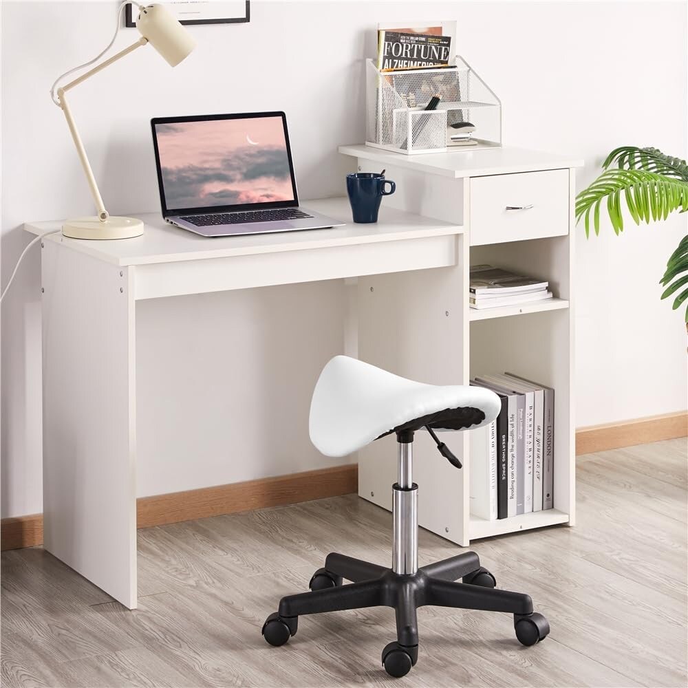 Justerbar sadelskammel på hjul - Hvid / sadelstol med hjul / arbejdsstol ergonomisk