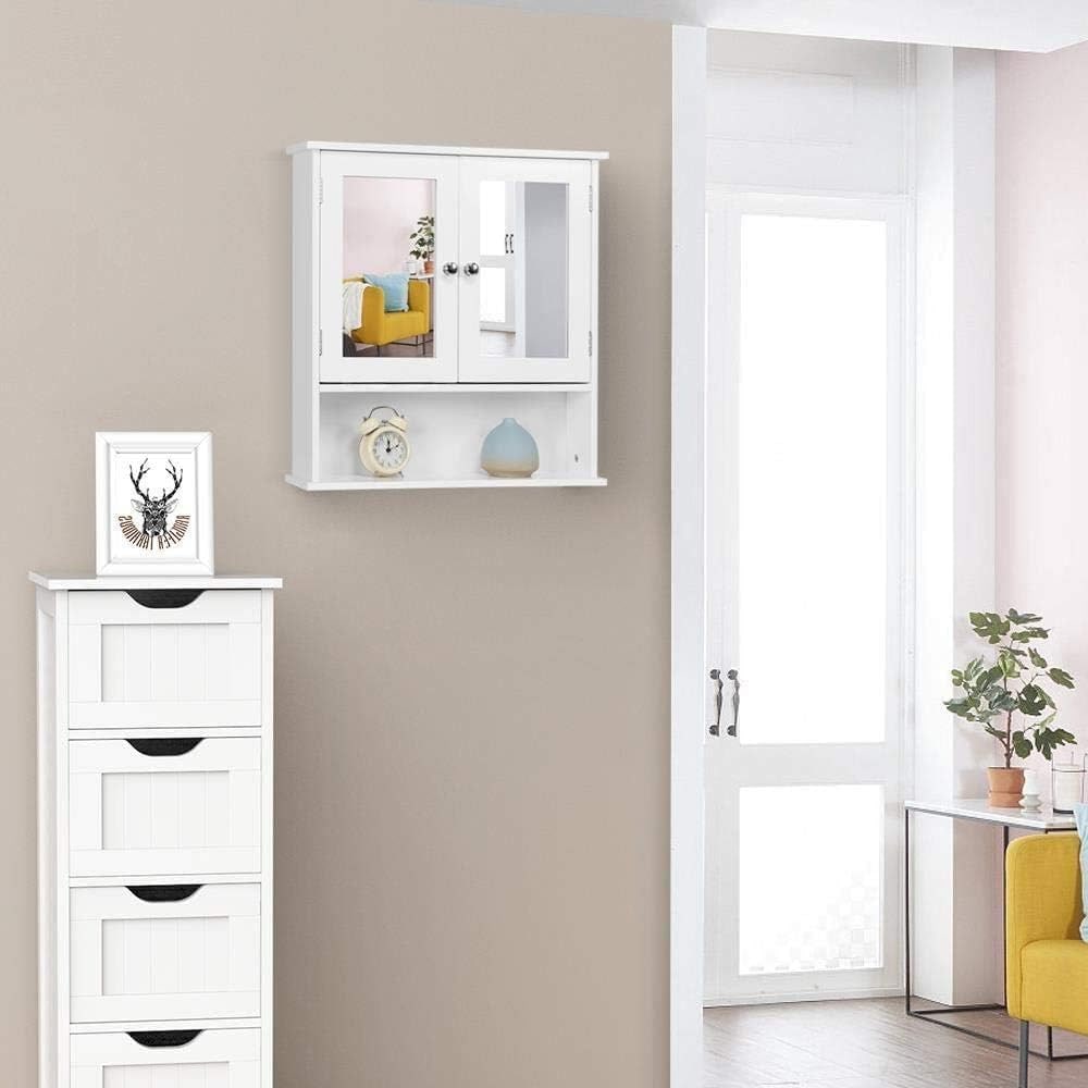 Badeværelsesskab med spejllåger 56×13×58 cm / vægskab / spejlskab med justerbar hylde og åbent rum – Hvid