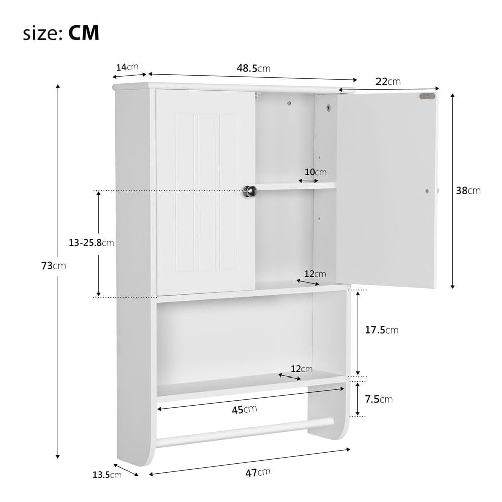 Vægskab med håndklædestang 48,5×14×73 cm / badeværelsesskab med justerbar hylde og åbent rum