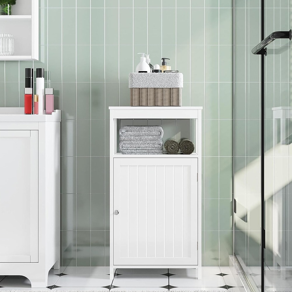 Badeværelsesskab med åbent rum 45×30×83,5 cm / smalt fritstående skab med justerbar hylde – Hvid