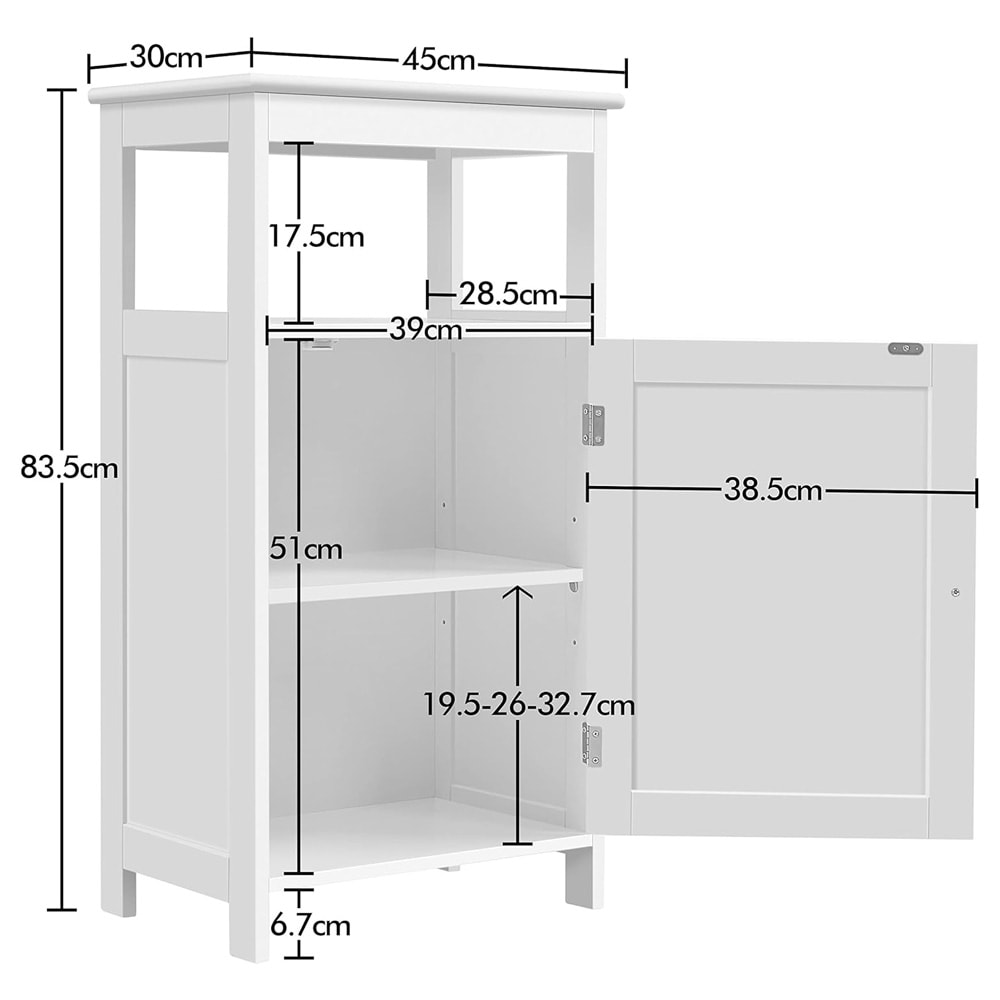 Badeværelsesskab med åbent rum 45×30×83,5 cm / smalt fritstående skab med justerbar hylde – Hvid