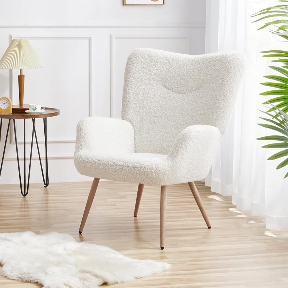 Lænestol med høj ryg - Hvid / wingback-lænestol med armlæn / polstret loungestol i bouclé