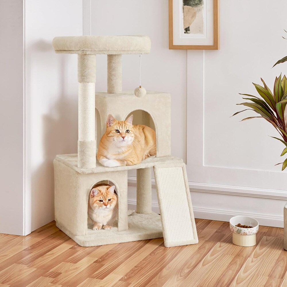 Lille kradsetræ med hytte og seng - Beige / kradsetræ 106 cm med to kattehytter / klatretræ til katte