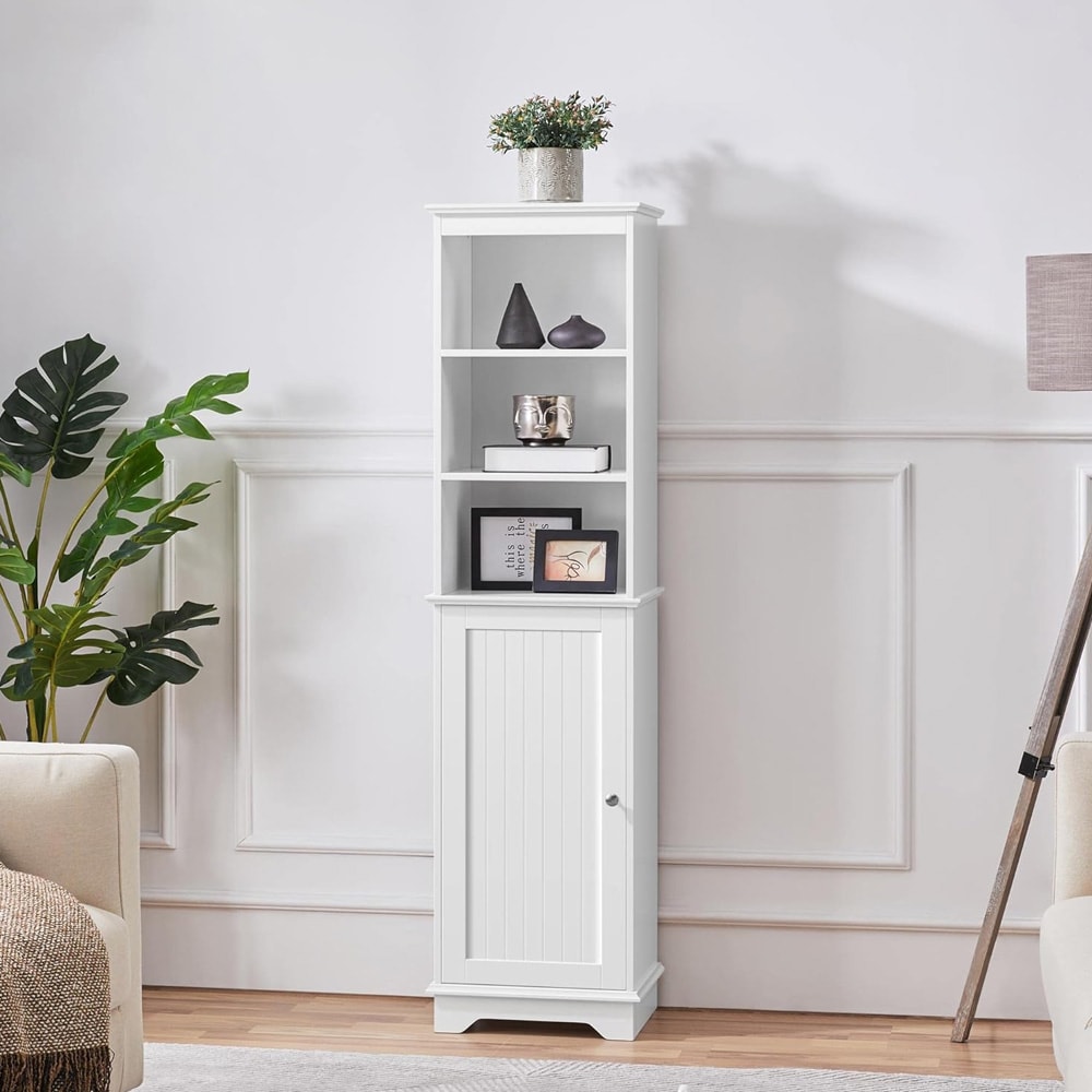 Badeværelsesskab 40×30×153 cm / højskab / smalt gulvskab med 3 åbne hylder og justerbar hylde – Hvid