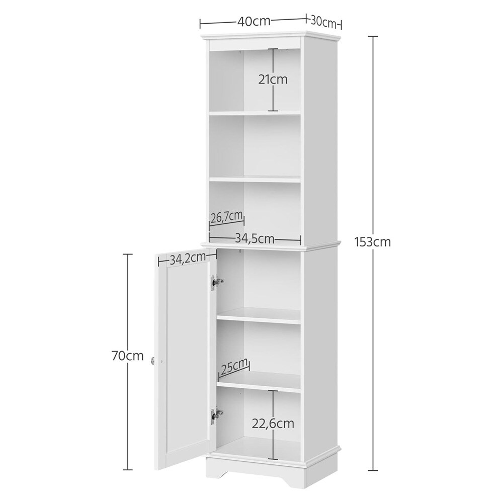 Badeværelsesskab 40×30×153 cm / højskab / smalt gulvskab med 3 åbne hylder og justerbar hylde – Hvid