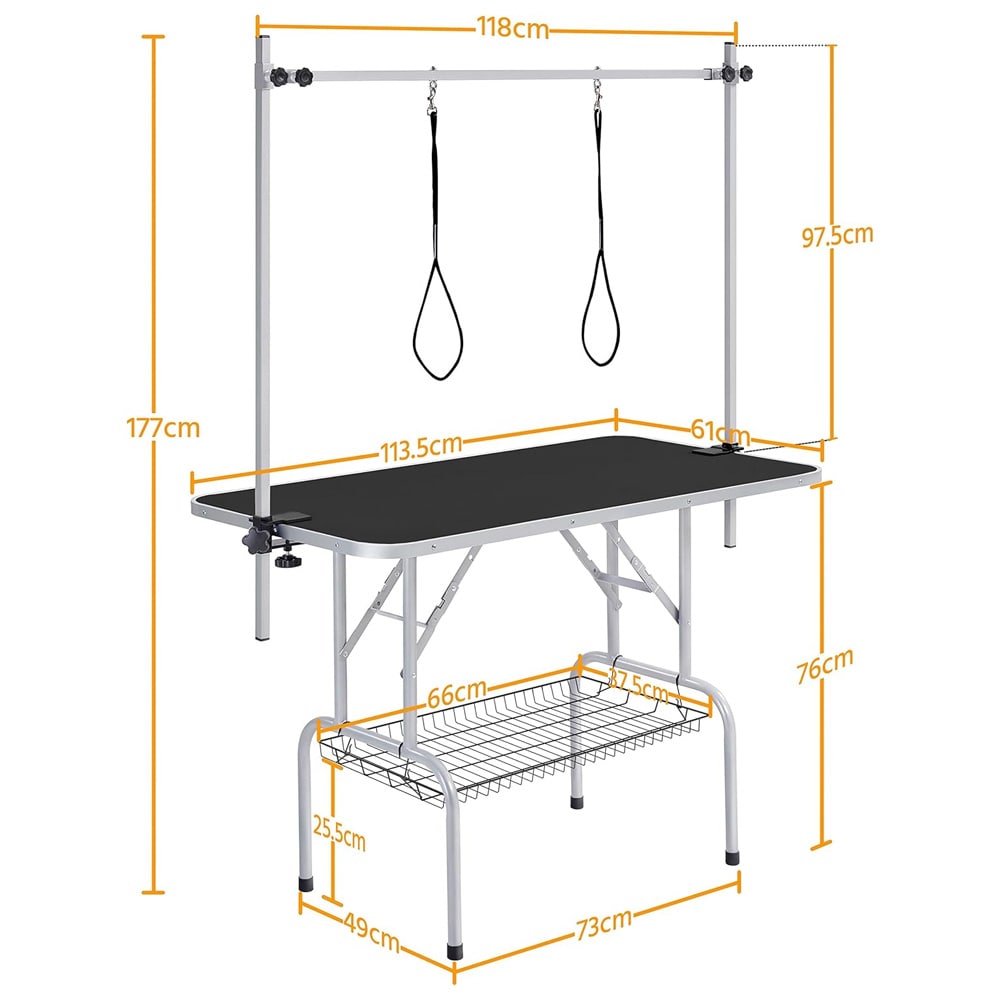 Trimmebord til hund 118×60×177 cm / sammenklappeligt plejebord til kæledyr med 2 seler