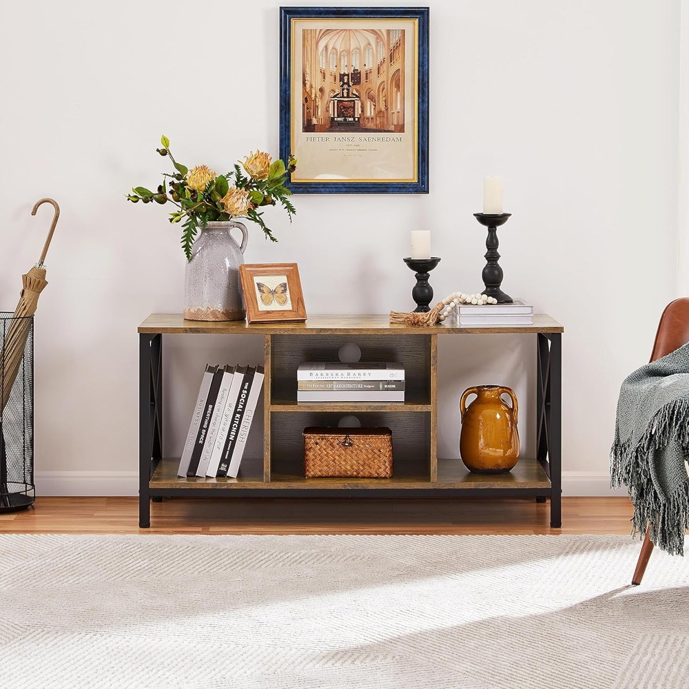 TV-bænk 106×40×50,5 cm / mediebænk med 4 åbne rum til TV op til 45″ – Rustik brun/sort