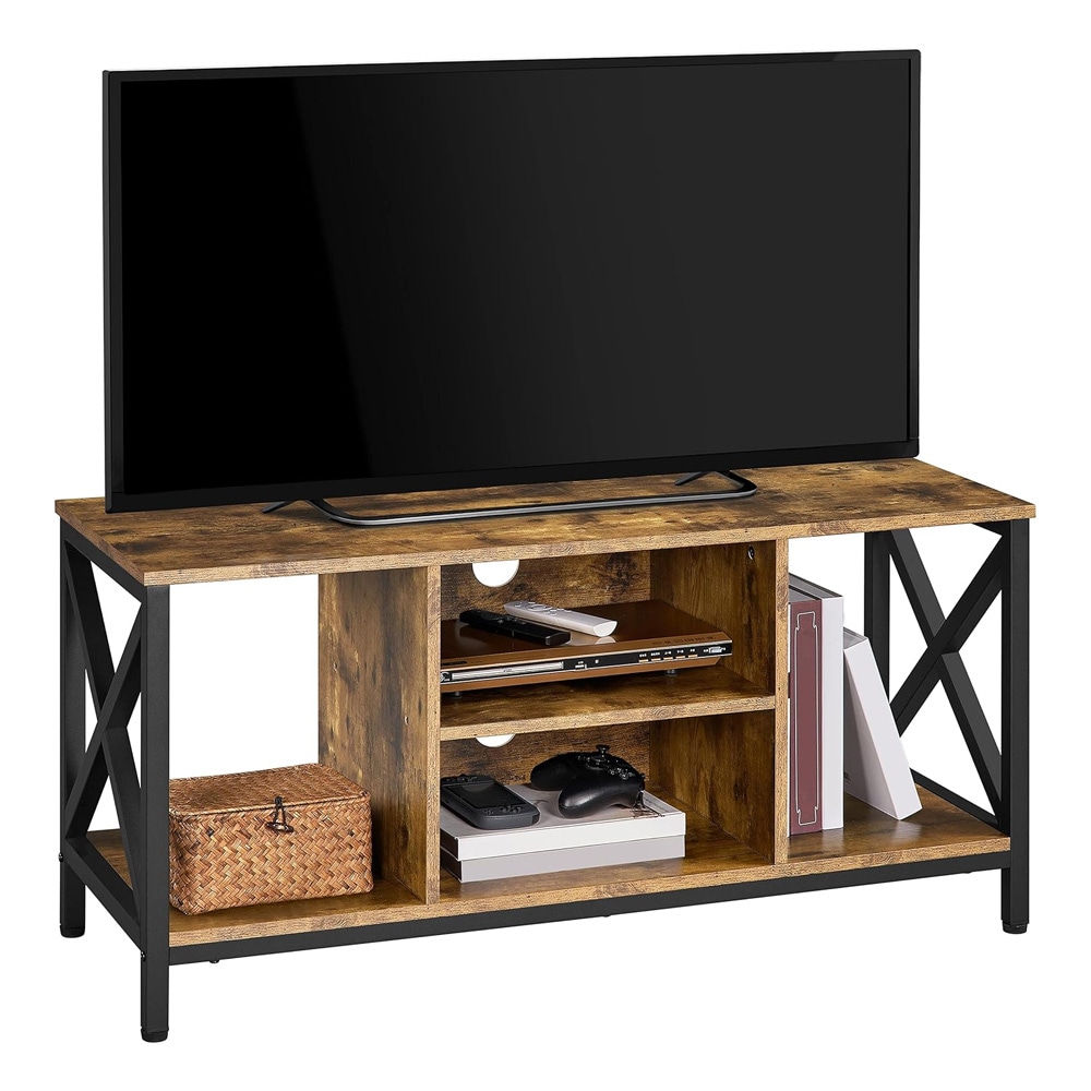 TV-bænk 106×40×50,5 cm / mediebænk med 4 åbne rum til TV op til 45″ – Rustik brun/sort