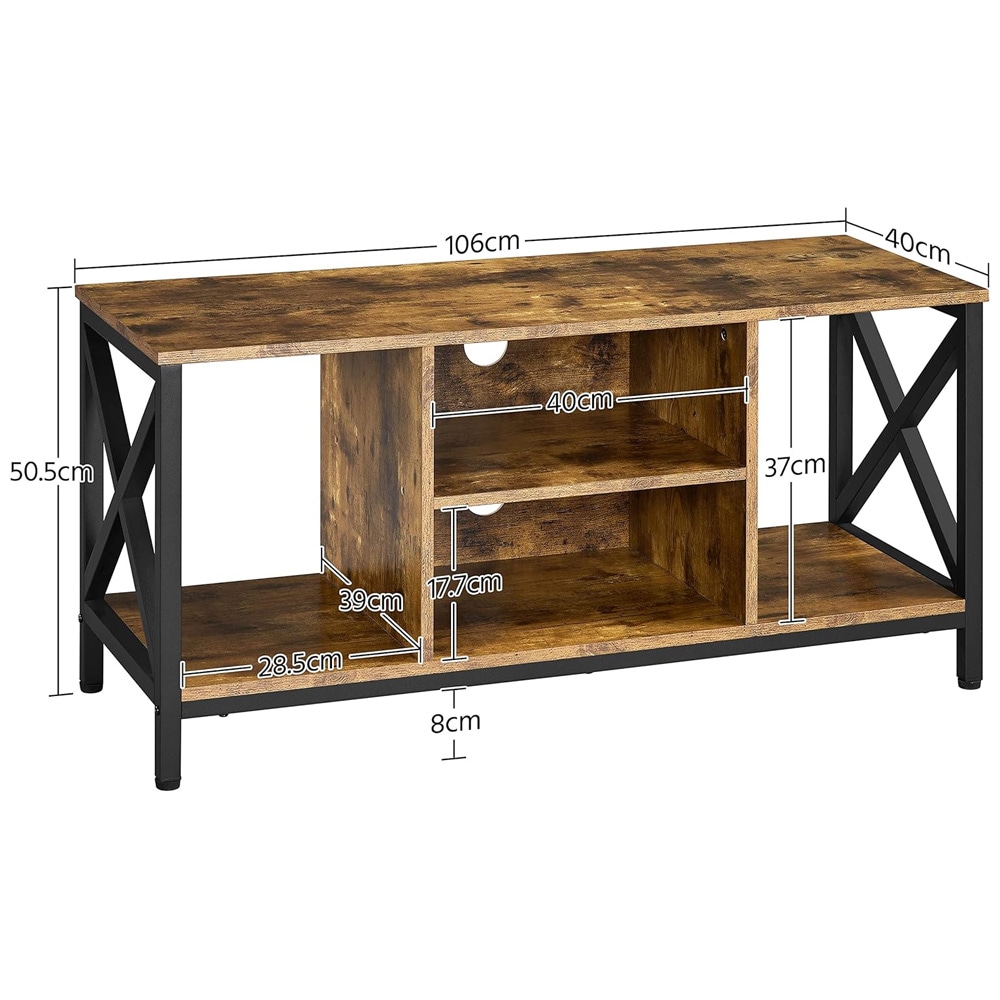 TV-bænk 106×40×50,5 cm / mediebænk med 4 åbne rum til TV op til 45″ – Rustik brun/sort