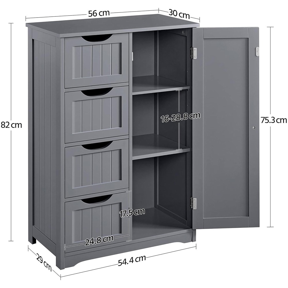 Badeværelsesskab 56×30×82 cm / smalt gulvskab / skab med 4 skuffer og justerbar hylde – Grå