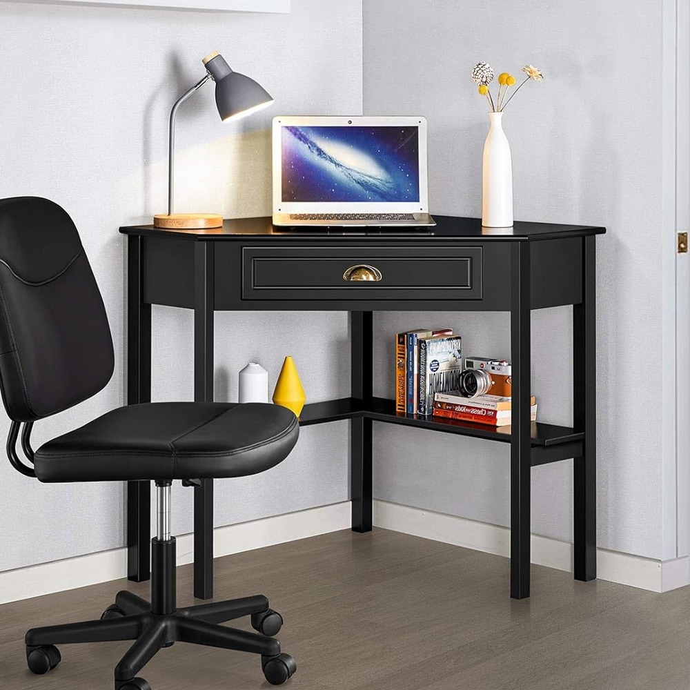 Hjørneskrivebord med skuffe - Svart / hjørnecomputerskrivebord med hylder / pladsbesparende skrivebord