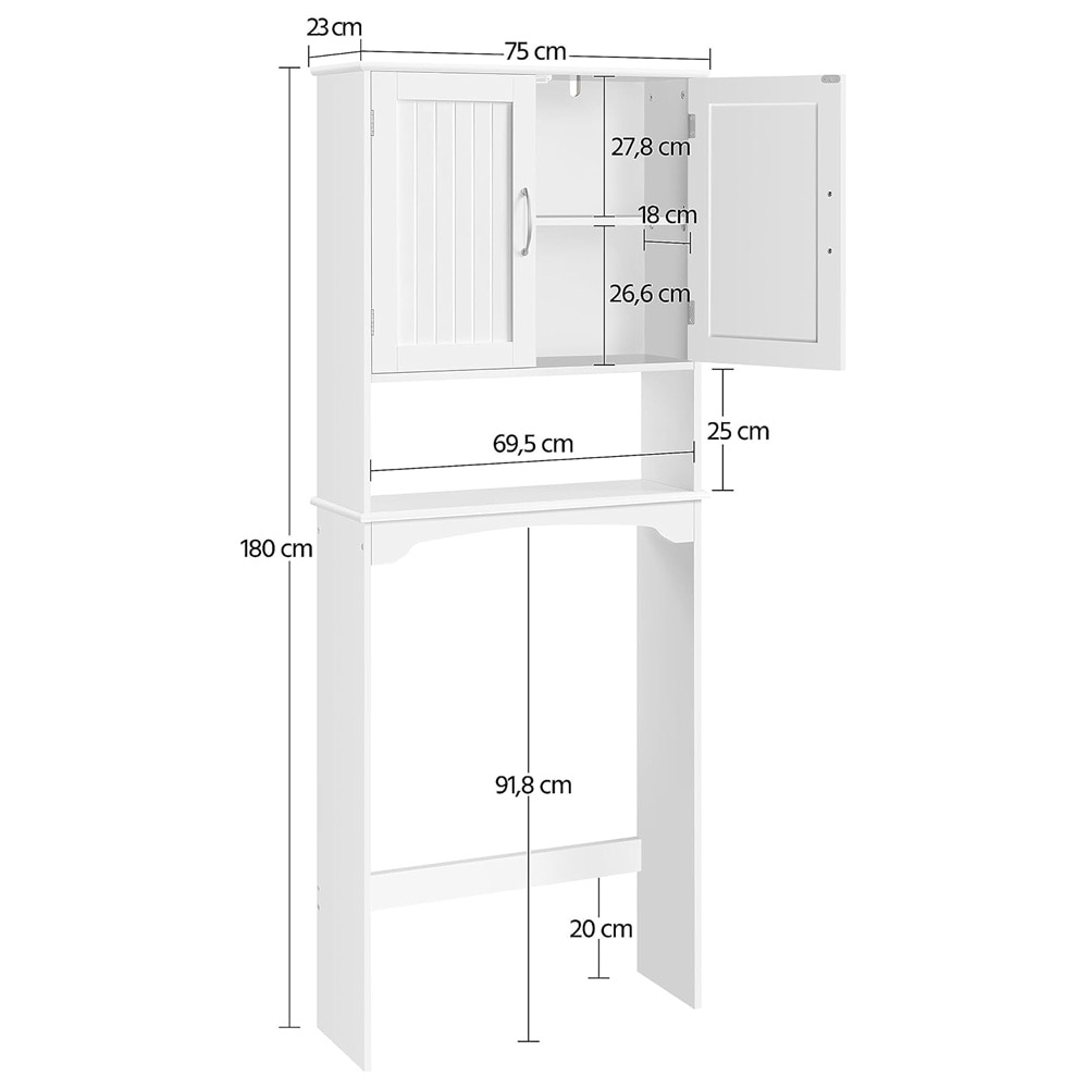 Badeværelsesskab over vaskemaskine eller toilet 75×23×180 cm / pladsbesparende skab med hylde - Hvid
