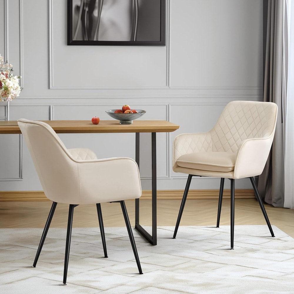 Spisebordsstole med armlæn, 2 stk / polstrede stole / køkkenstole med metalben – Beige