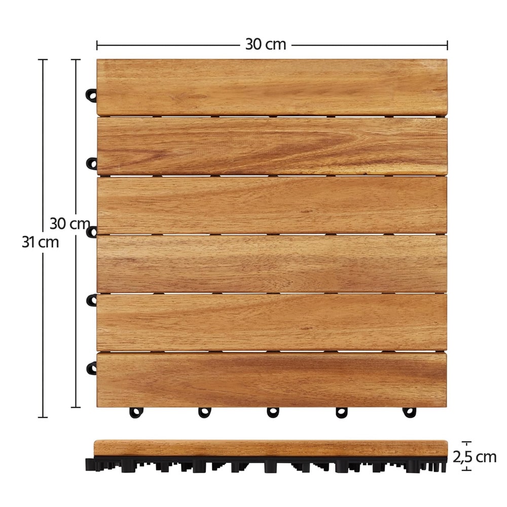 Fliser i akacietræ 30×30 cm, 10 stk / klikgulv til altan og terrasse / terrassefliser med dræning – Natur