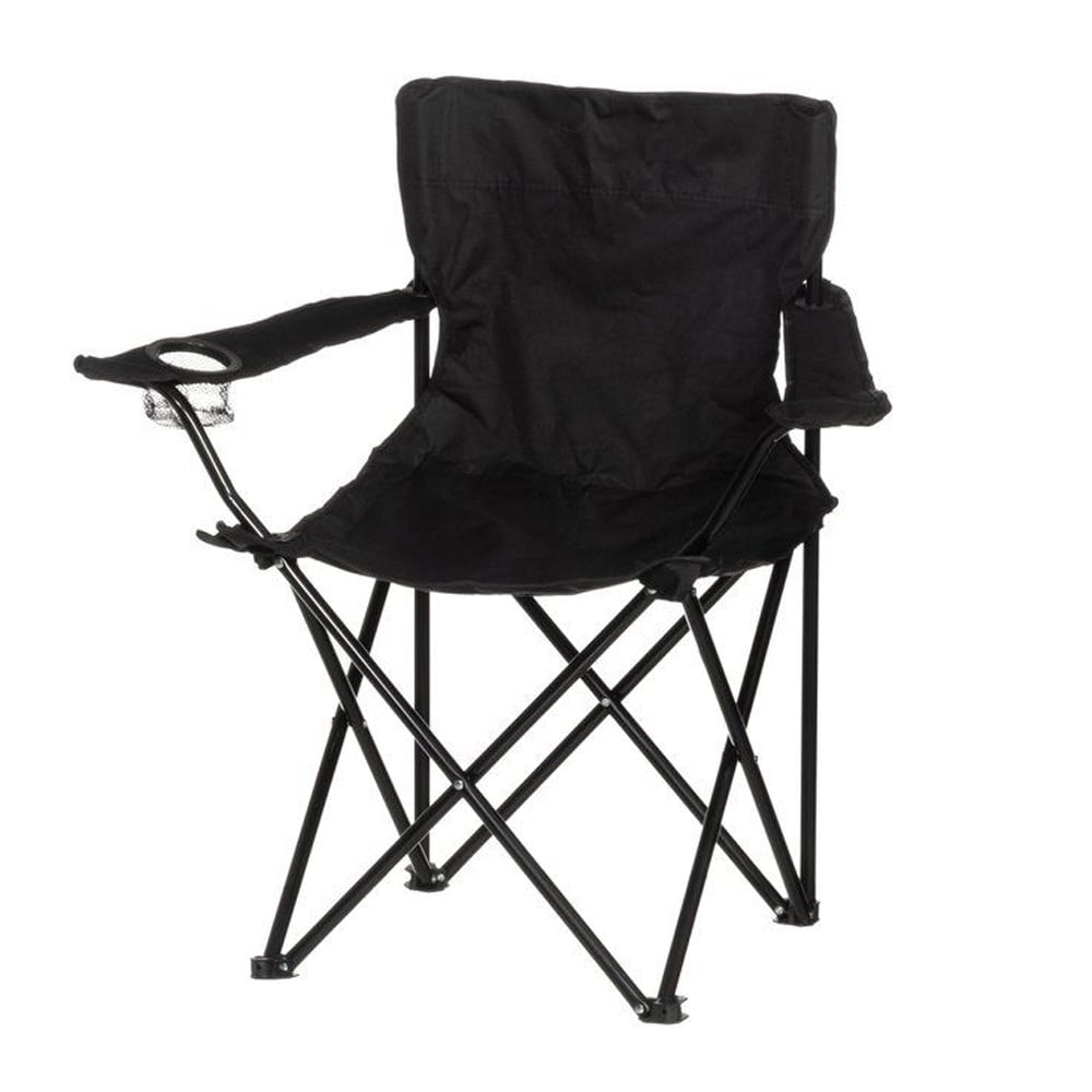 Atom campingstol med flaskeholder - Svart / sammenklappelig campingstol med armlæn