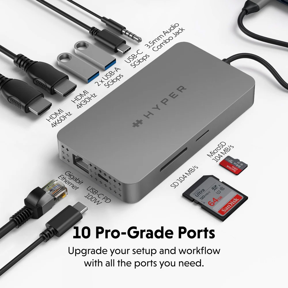 HyperDrive Next 10-ports USB-C-dockingstation / USB-C-hub med to HDMI-porte / 100 W opladning